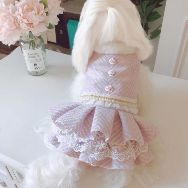 Luxury Dog Clothes Pet Dress For Lady Pearl Flower Decor Tutu Dress For Princess Soft Fur Collar Puppy Cat Coat Skirt For Pug 38