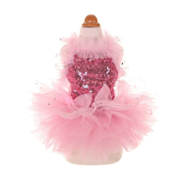 Transer Bling Sequins Pink Dog Dress Lace Tutu Skirts Ballet Dance Ruffle Ball Gown Pet Dog Clothes for Party 910
