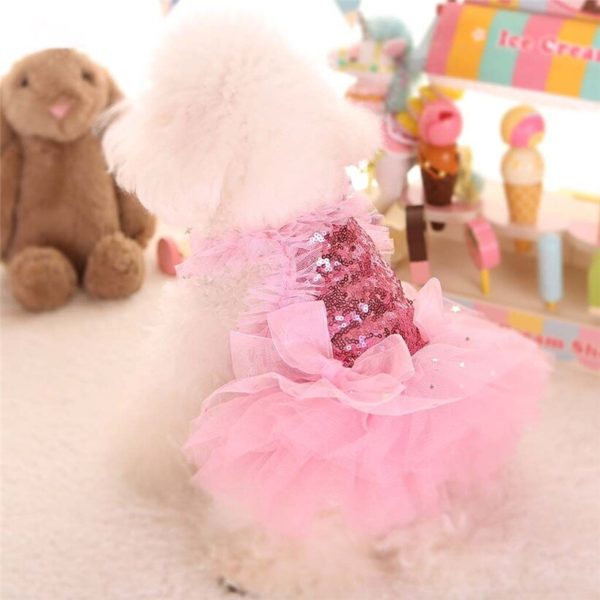 Transer Bling Sequins Pink Dog Dress Lace Tutu Skirts Ballet Dance Ruffle Ball Gown Pet Dog Clothes for Party 910